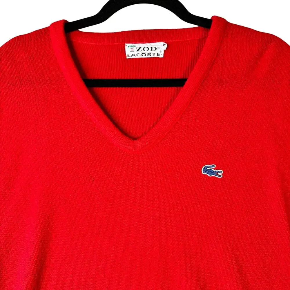 Vintage Izod Lacoste Red‎ Wool V Neck Sweater 80s Grandpa Men’s - Medium
